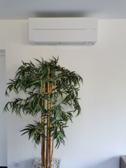 Unité intérieure murale Mitsubishi Electric MSZ-LN blanche au-dessus d’une plante, installée dans un salon.